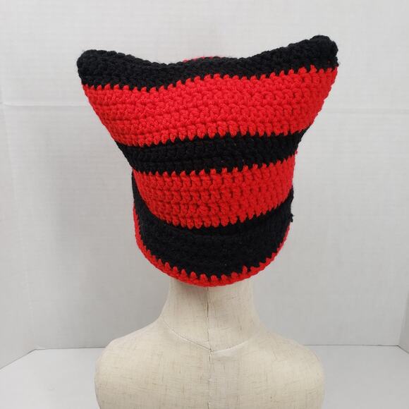 Cat Ear Beanie Crochet Hat Black Red Striped Handmade Knit Kitty Grunge Winter - Picture 3 of 11